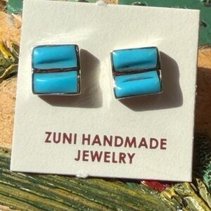 Zuni Handmade Turquoise Blue Inlay Stud Earrings